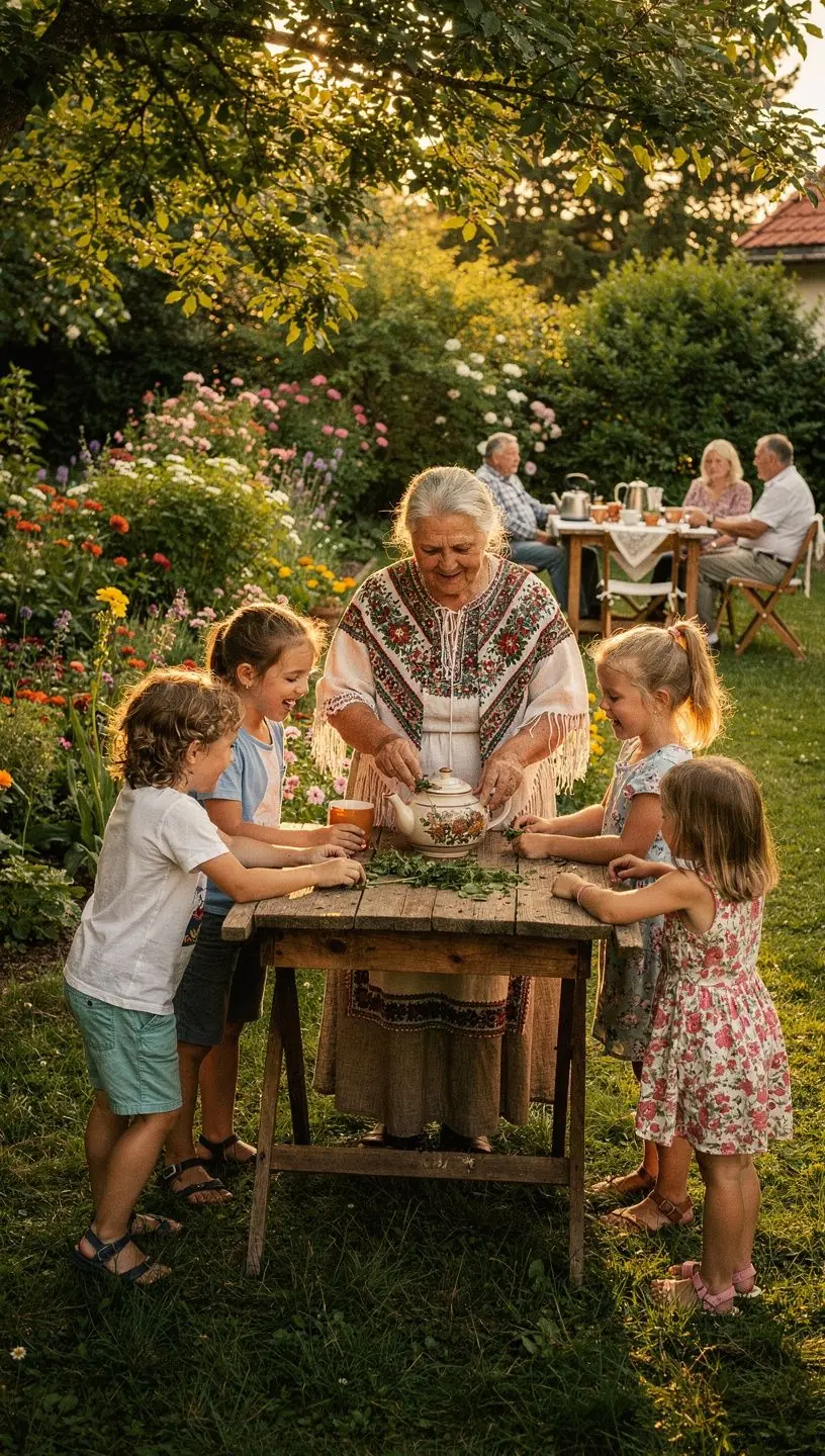Tradičná slovenská čajová súprava s dekoratívnymi vzormi a farbami