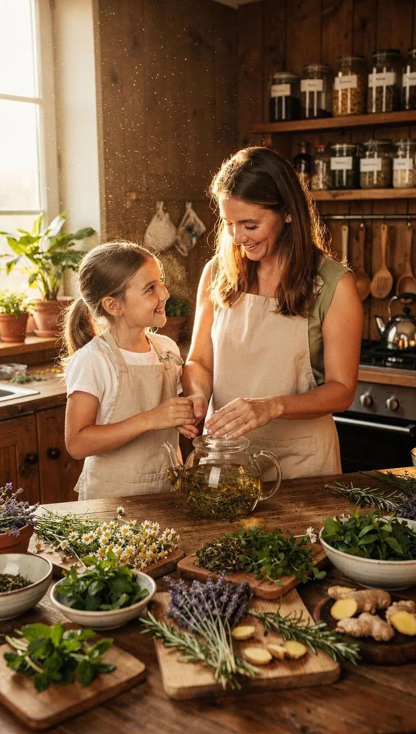 Portrét šálky čaju s jemnou penou a voňavými bylinkami na pozadí slnka.