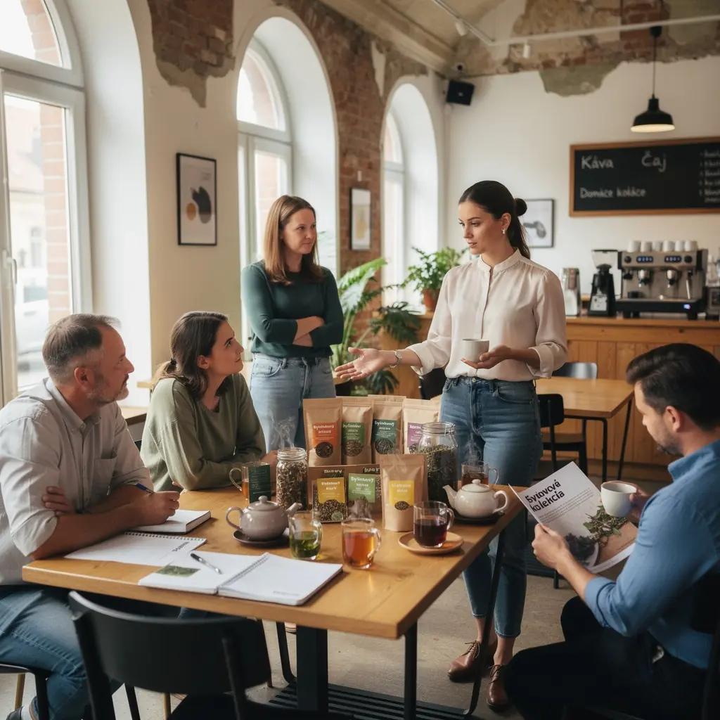 Zelený čaj s bylinkami v tradičnej keramickej šálke na drevenom stole